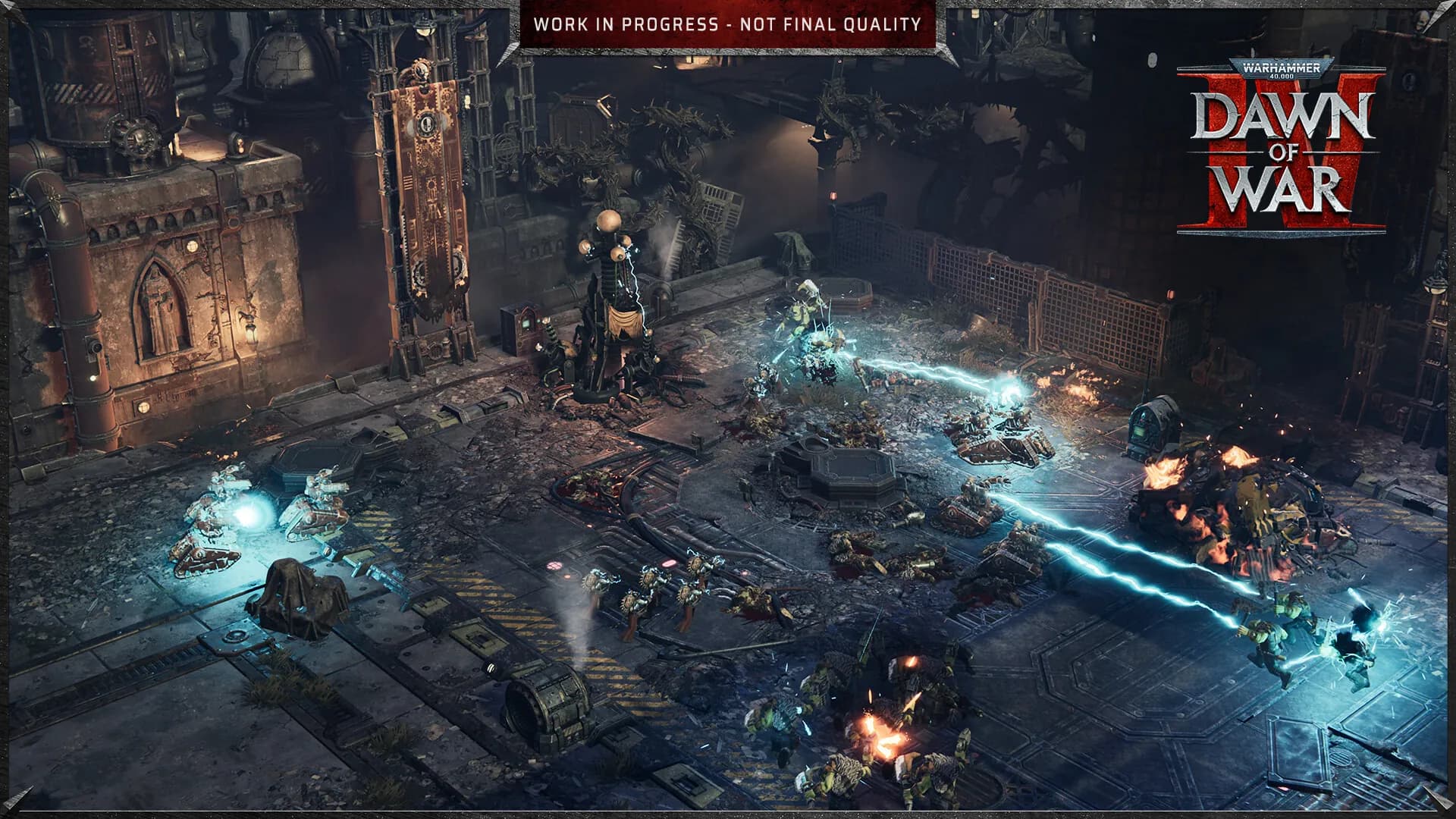 Adeptus Mechanicus units firing blue arc beams across a gothic forge base in Dawn of War 4.