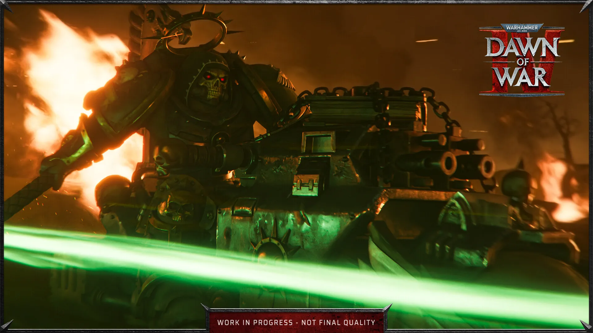 A Dark Angels Chaplain in a skull helmet beside a tank, a green beam crossing the frame.
