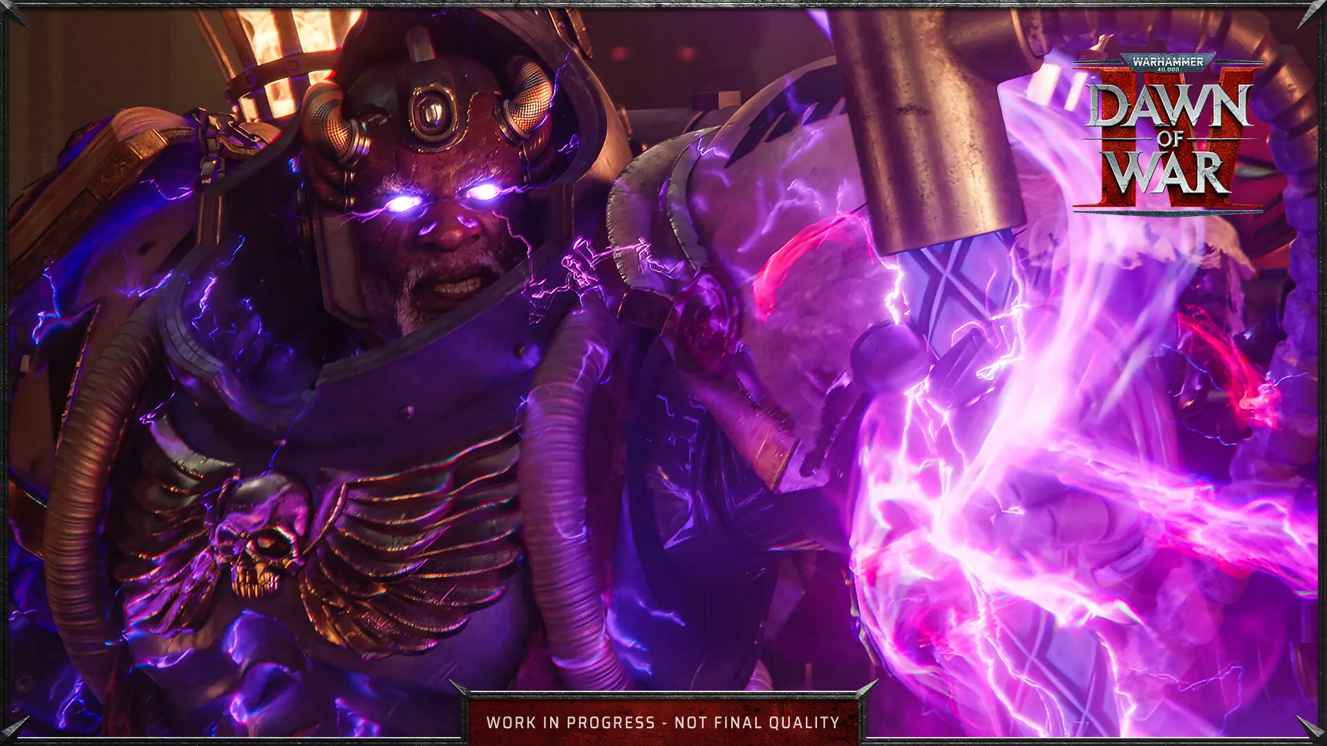 A Necron lord wreathed in purple chronomantic energy, from the Dawn of War 4 Necron trailer.