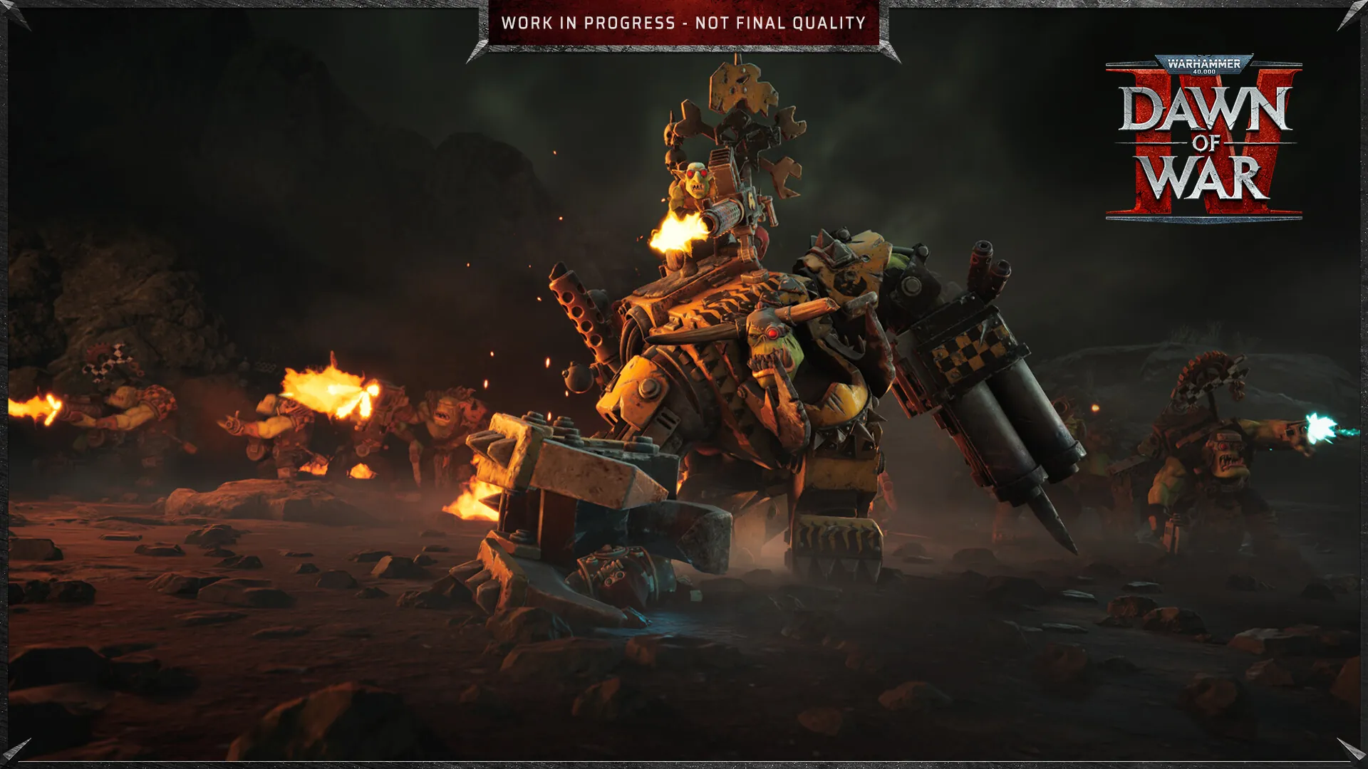 An Ork walker firing its guns in the dark while Ork boyz charge behind it in Dawn of War 4.