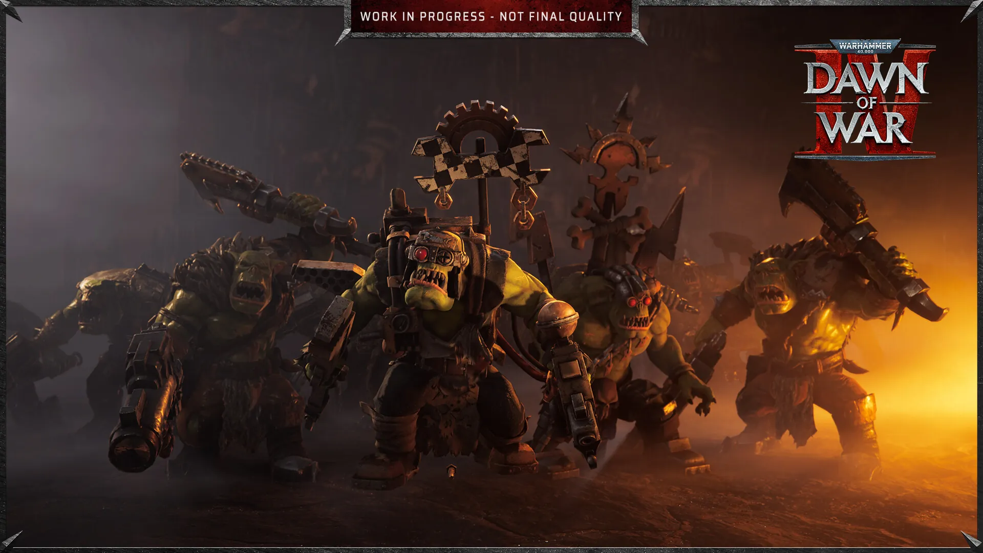 An Ork warband with a Warboss at its head, lit by fire, from the Dawn of War 4 CGI trailer.