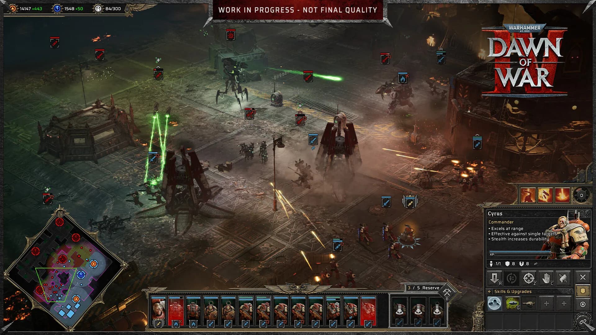 Blood Ravens fighting Necrons around a fortified base at night, with the commander panel for Cyrus open.